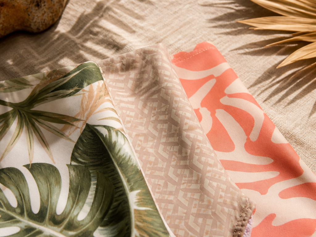 Three swimwear print fabric samples with tropical, geometric and abstract motifs