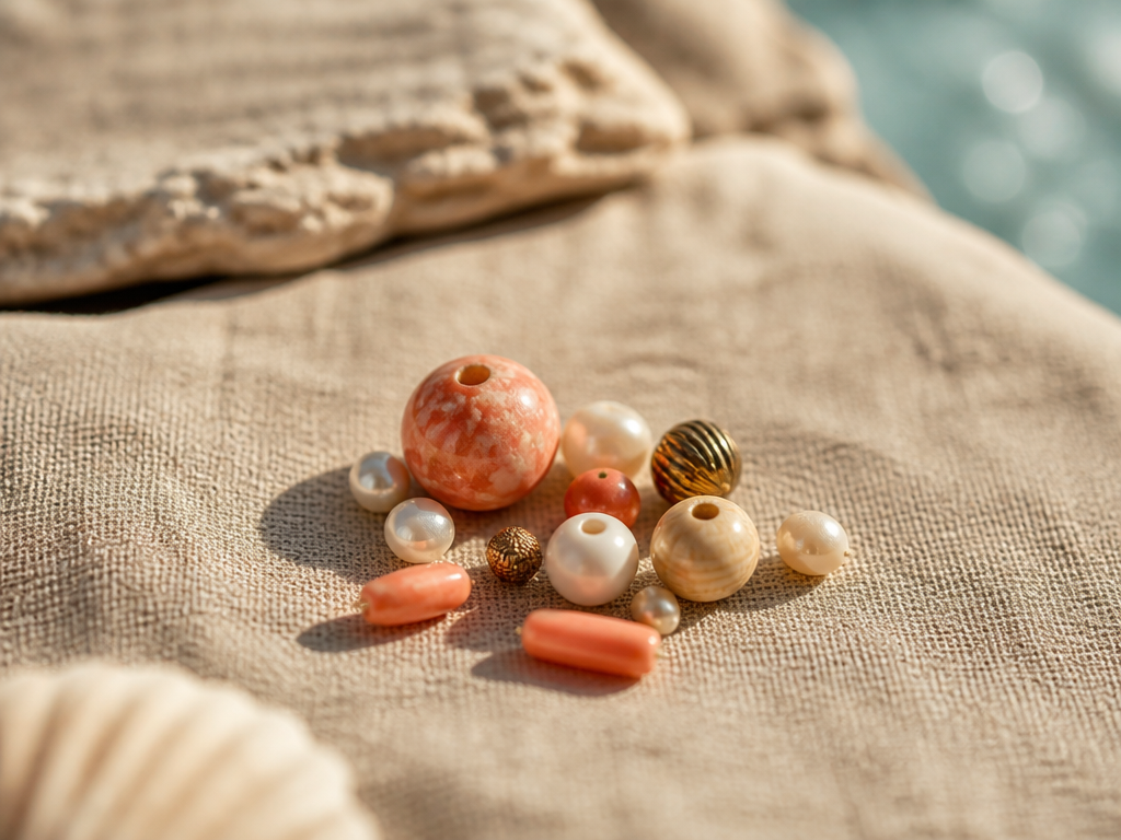 Tactile beads and small pearls in coral, cream and bronze tones for swimwear embellishment